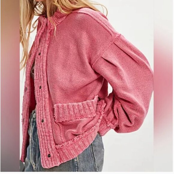 Free People NWT Tack Cotton Loreto Knit Cardigan Sweater Pink Oversized size XS - Picture 2 of 7